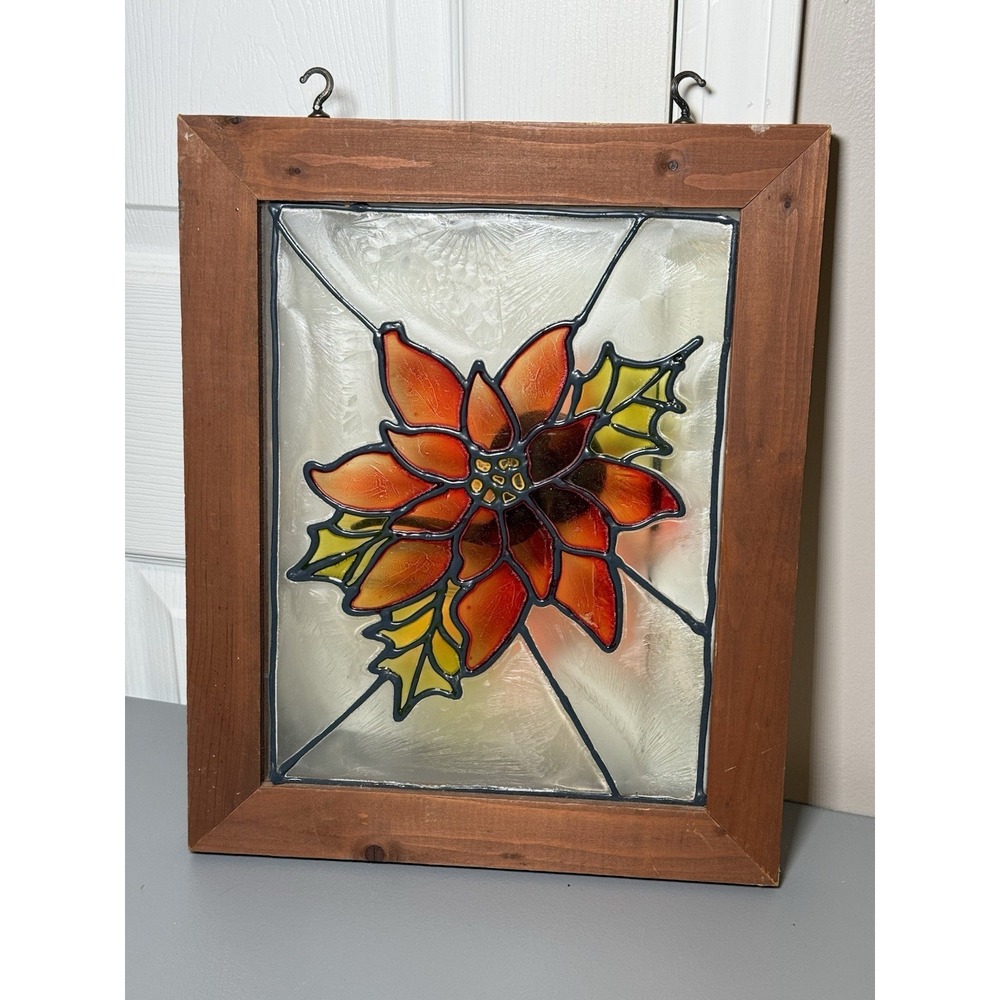 Stained Glass Window Panel Poinsettia Hanging Wood Frame Vintage Decor 15x12.5
